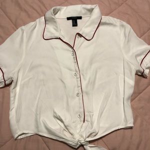 Forever 21 white with red, tie front cropped shirt